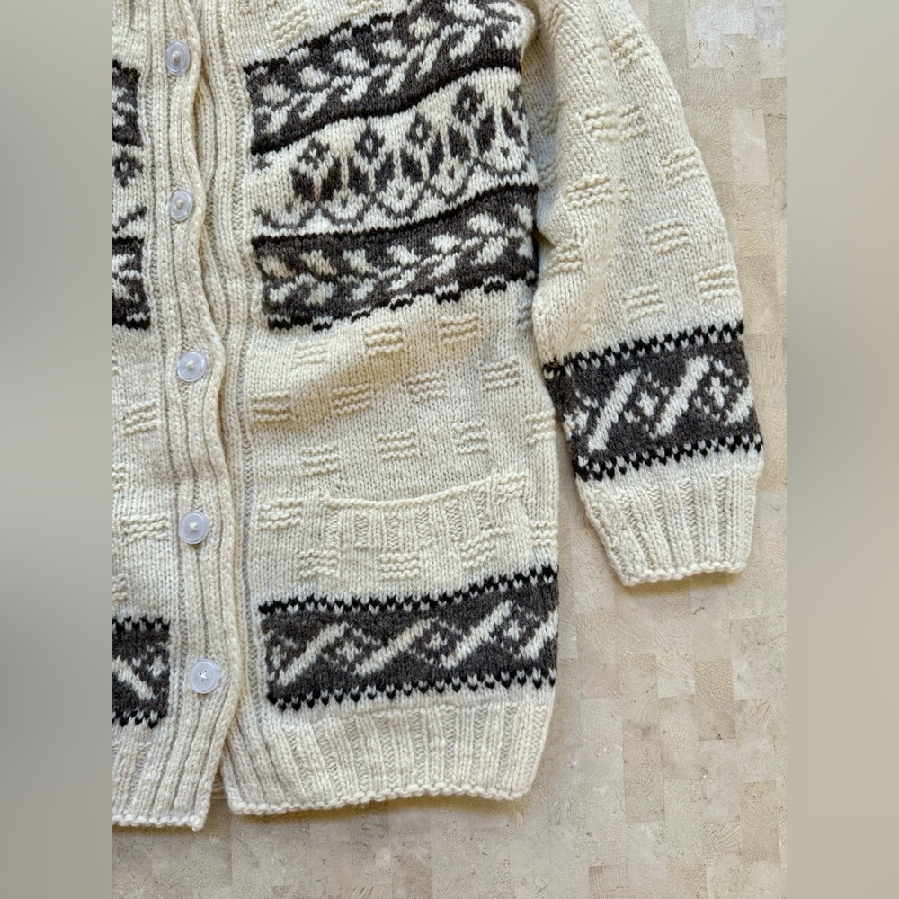 VINTAGE Wool Chunky Heavyweight Hand knit Mohair Fair Isle Cardigan Sweater M - Picture 3 of 9
